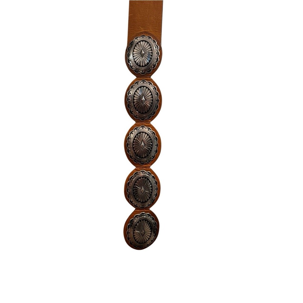 Western Concho Statement Belt Cognac Brown Faux Leather Silver Tone Stretch 38” - Picture 2 of 7